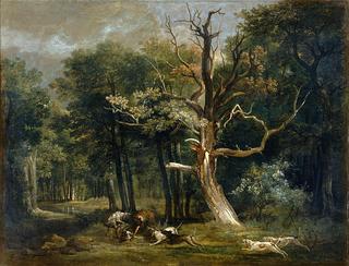 Forest scene with wolf hunt