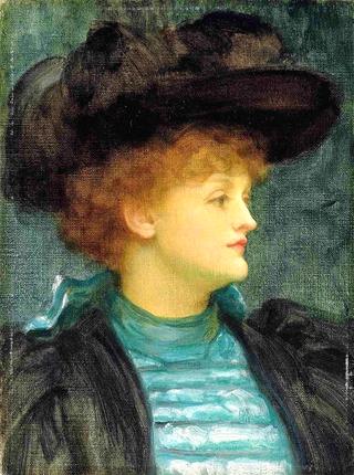 Portrait of a lady in a turquoise dress and black coat and hat