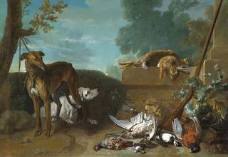 Two hunting dogs with hares and game birds