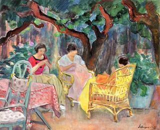 Three Women Sewing in a Garden