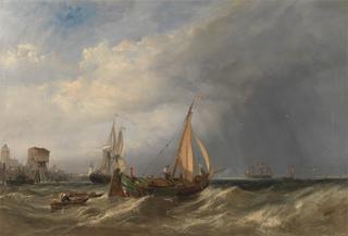 一艘荷兰驳船和商船驶出鹿特丹