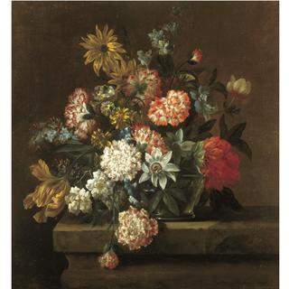 Still life with chrysanthemums, morning glory, a tulip and other flowers in a glass vase