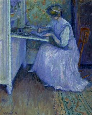 Girl in Lavender, Seated at Desk