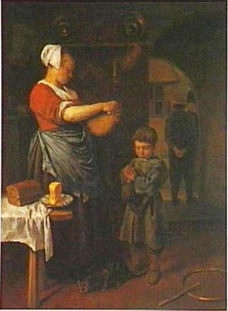 Boy Praying Before Receiving Bread  from a Kitchen Maid