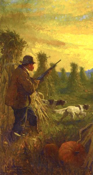 Hunter with Two Dogs in Cornfield