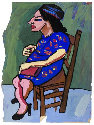 Seated Woman in Blue and Red Dress and Hat