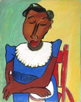 Woman in Blue Dress with White Collar in Red Chair