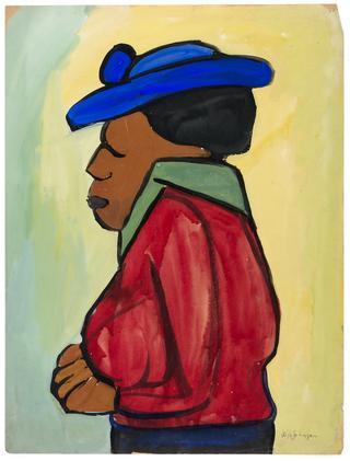 Woman in Blue Hat and Red Jacket in Profile