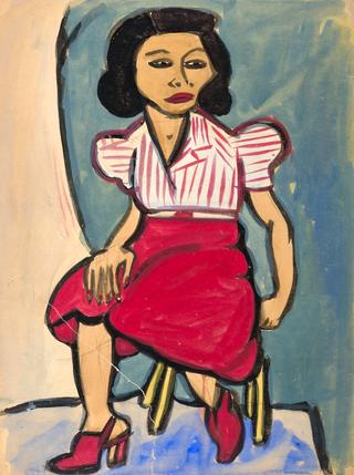 Seated Woman in Red Skirt and Striped Blouse