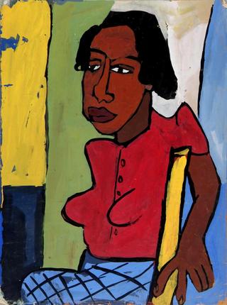 Seated Woman with Rose Blouse and Blue Skirt
