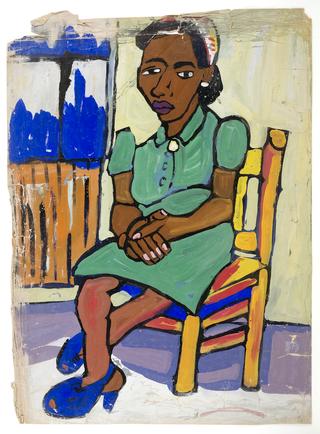 Seated Woman in Green Dress and Blue Shoes