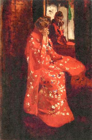 Girl in a Red Kimono before a MIrror