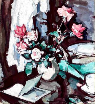 Still-life with pink roses and an open book