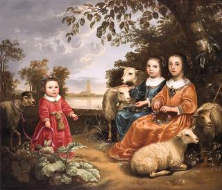 Three Girls with Sheep in a Landscape