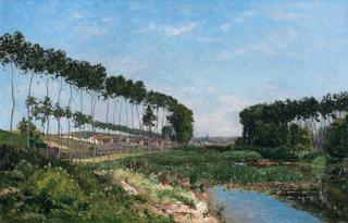 A tree-lined river landscape and village