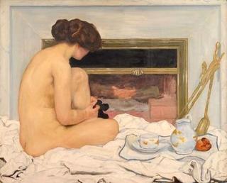 Young nude in front of fireplace