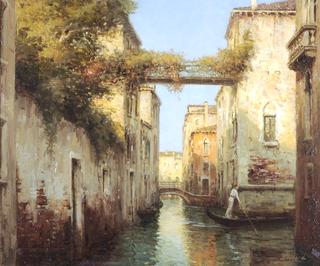 Venetian Backwater, with a Figure in a Gondola