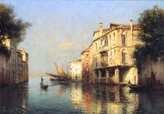 Sunlit Venetian Canal Scene with Figures on Gondolas and Fishing Boats Nearby