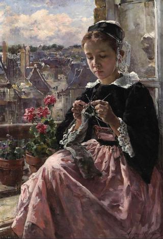 A Young Breton Girl Knitting by a Window
