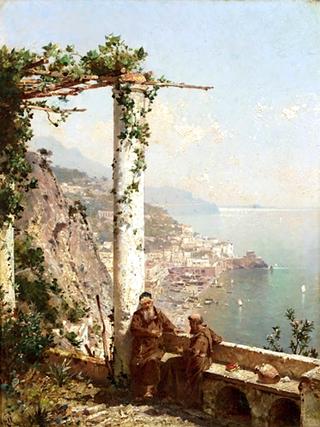 Monks on a Terrace, with Amalfi beyond