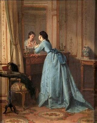 Elegant Woman Gazing in a Mirror
