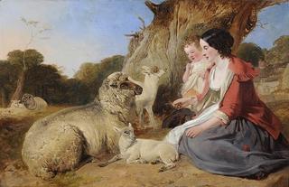 Shepherdess and Child Feeding Sheep