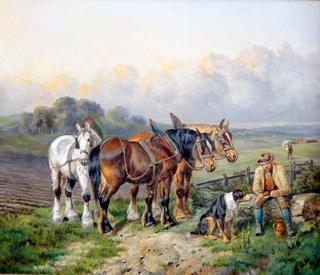 Farmer with Sheep Dog and Working Horses in Country Landscape