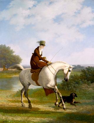 An Equestrienne on a Grey Hunter Accompanied by Her Spaniel in a River Landscape