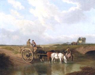 A Landscape with a Car at a Ford, with Horses Watering, a Coach Beyond