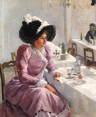 Lady in a Lilac Dress Holding a Letter in a Restaurant