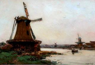River Landscape with Windmills