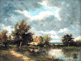Animated Country Landscape, Thatched Cottage and Cows at the Edge of A Pond,
