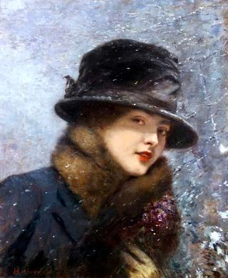Young Woman with a Bouquet of Violets in the Snow