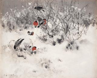 Winter Landscape with Bullfinches