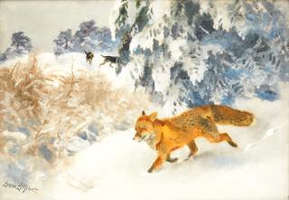 Fox and Hunting Dogs in a Winter Landscape