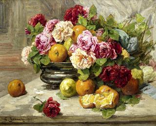 Still life of roses and fruit