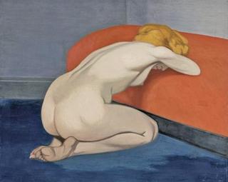 Naked Woman Kneeling in Front of a Red Couch