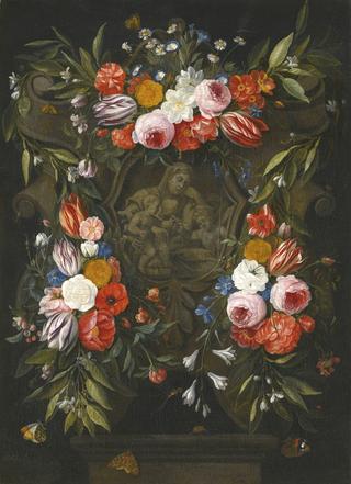 A garland of flowers around a stone cartouche depicting the Virgin and Child and Saint John