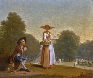 A Fruit Seller and a Man Resting, a Park beyond