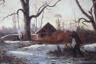 Romantic Winter Landscape with Farmers Collecting Wood and Warming by the Fire
