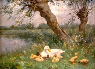Country Landscape with Duck Family by the Water