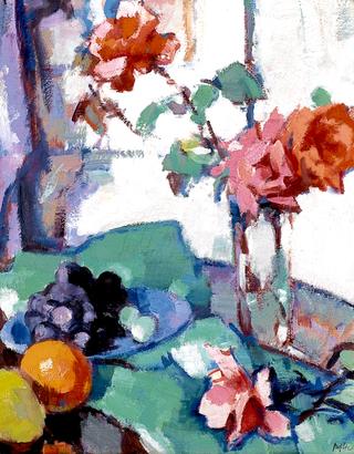 Still Life of Roses with a Green Tablecloth