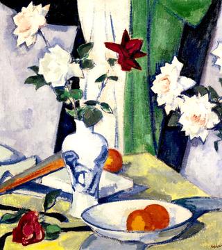 Still Life of Roses with a Blue and White Vase