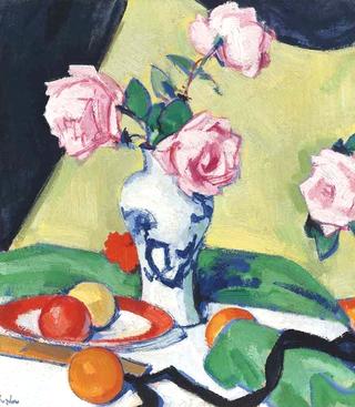 A Still Life of Pink Roses and Fruit