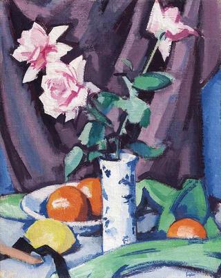 Three Pink Roses in a Blue Vase with Fruit