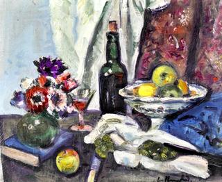 Still Life with Fruit, Anemones, and Bottle