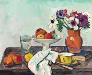 Anemones in a Red Vase, Yellow Teacup and Apples