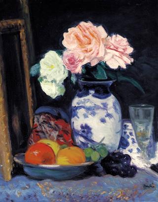 Still Life with Pink Roses in a Blue and White Vase