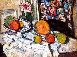 Still Life with Fruit and Flowers on a White Cloth