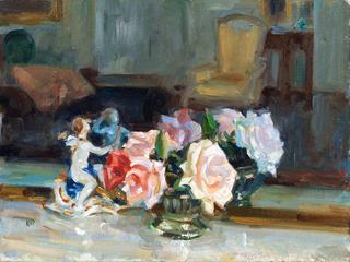 Interior scene with vase of roses and porcelain figure groups on table